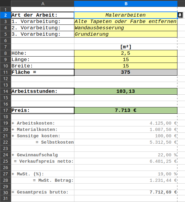 Preisermittlungstool Dashboard